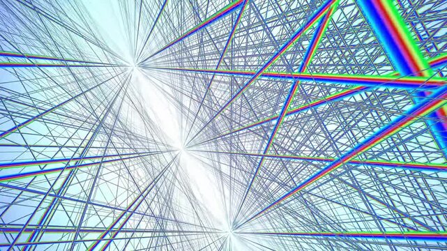 Abstract geometric green grid lines with rainbow light prism effects flowing through a bright white futuristic space