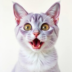 Fototapeta premium Lilac cat, mouth agape in surprise, wide eyes on white , studio shot, wide eyes