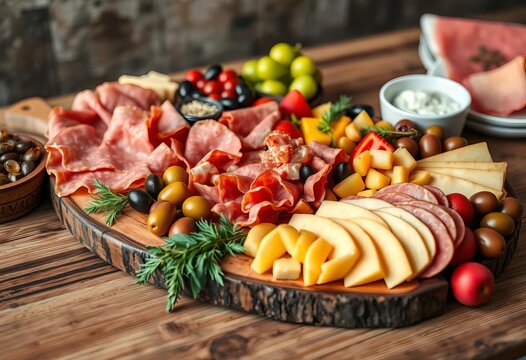 Lavish gourmet platter featuring assorted premium cold cuts, artisanal cheeses, olives, and fresh fruit on a rustic wooden board, perfect for sharing,  platte,  baguette