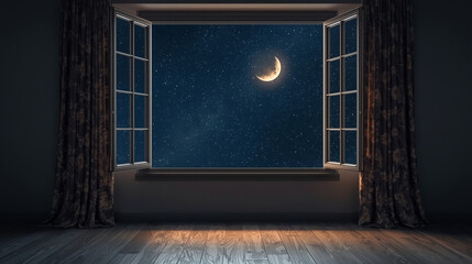 Open window view of crescent moon and stars for Ramadan copy space background
