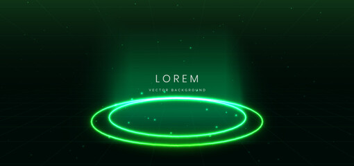 Green circle glowing on dark green background with glowing neon lights.