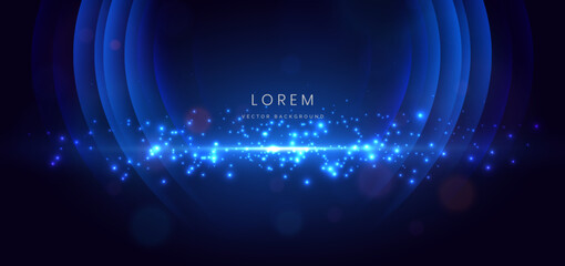 Abstract blue lighting with curve lines and sparkling on dark background.