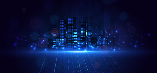 Smart night city digital background. Technology futuristic citynight concept.