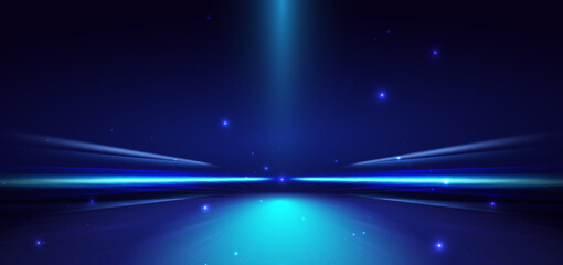 Scence futuristic glowing blue neon light ray with speed motion moving on dark blue background.
