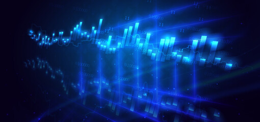 Finance chart stock market growth glowing light effect on dark blue background.
