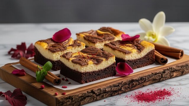 Four squares of chocolate cheesecake brownies with swirled topping served on a rustic wooden board with cinnamon sticks, vanilla flower, and pink rose petals