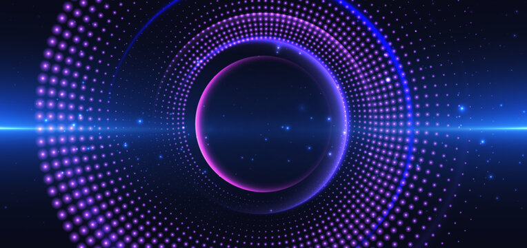 Dotted circles purple glowing futuristic tech on dark blue background.