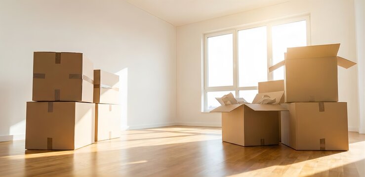 引越しの荷造りされた段ボール箱と日当たりの良い空の部屋、新生活と不動産のコンセプト