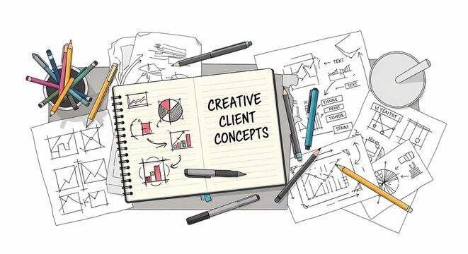 Creative client concepts sketchbook on a designers messy desk.
