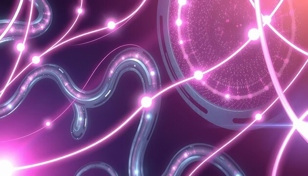 Abstract futuristic digital network with glowing pink lines and data nodes on purple background