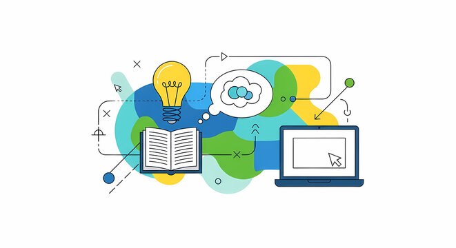 Creative learning process with lightbulb book and laptop.