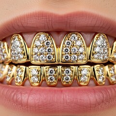 Close-up of Mouth with Gold and Diamond Grillz.