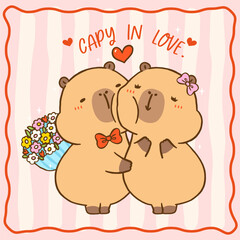 Fototapeta premium kawaii Valentine Capybara in love Kissing Cute cartoon hand drawn doodle illustration