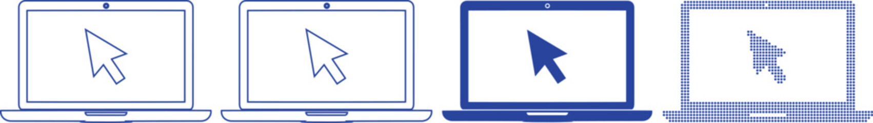 Laptop computer with mouse cursor icon set for digital workstation