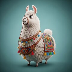 Obraz premium Charming animated representation of a fluffy white domesticated camelid adorned with colorful traditional textiles and bells