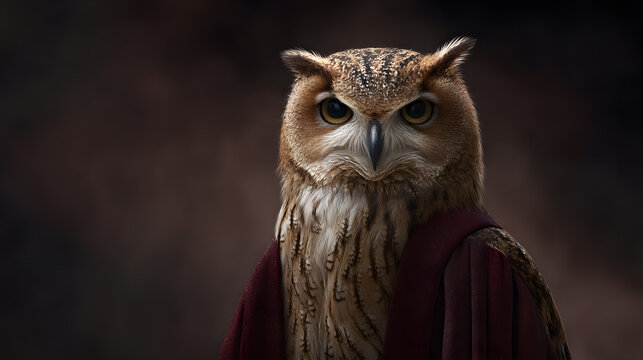 Wise Owl in Regal Attire: A majestic owl with piercing eyes is a distinguished sage, draped in a regal cloak. Capturing an air of wisdom and serenity in a detailed portrait.
