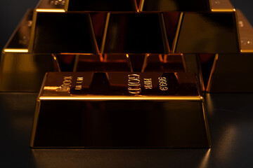 Gold reserve bullion bars. Gold bar background. 24k gold for metal reserve. Fine gold concept.