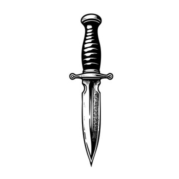 Vector illustration of a sharp, symmetric tactical dagger with a detailed handle and guard. Clean black and white line art for military, history, and gamedev concepts.