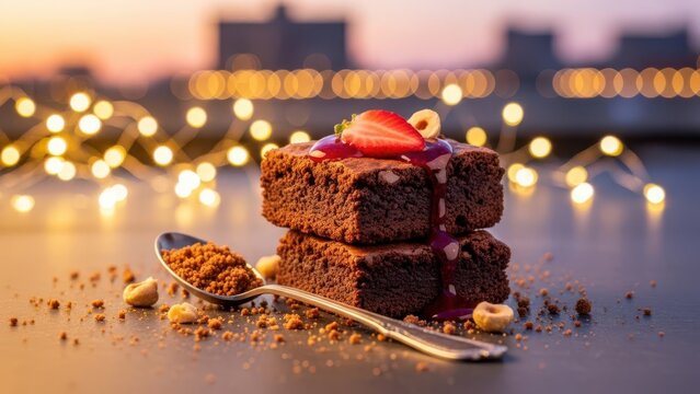 Decadent stacked chocolate brownies topped with strawberry glaze and hazelnuts, served with a spoon of crumbs, against a warm, blurred city lights bokeh background at dusk