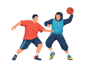 Flat vector illustration of two basketball players in action