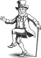 Fototapeta premium A vintage Irish leprechaun in top hat and coat dancing with a cane in an elegant pose, captured in a classic illustration, engraving style, vector illustration