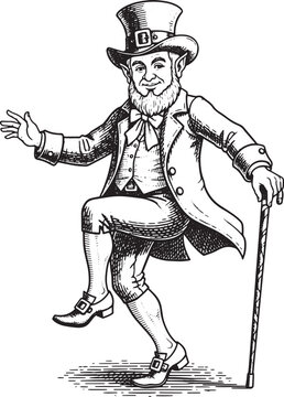 A vintage Irish leprechaun in top hat and coat dancing with a cane in an elegant pose, captured in a classic illustration, engraving style, vector illustration