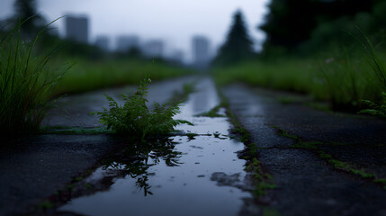 Rainy Road to City: A tranquil image showcasing a paved road glistening with reflections under a moody, overcast sky. The foreground is alive with vibrant vegetation.