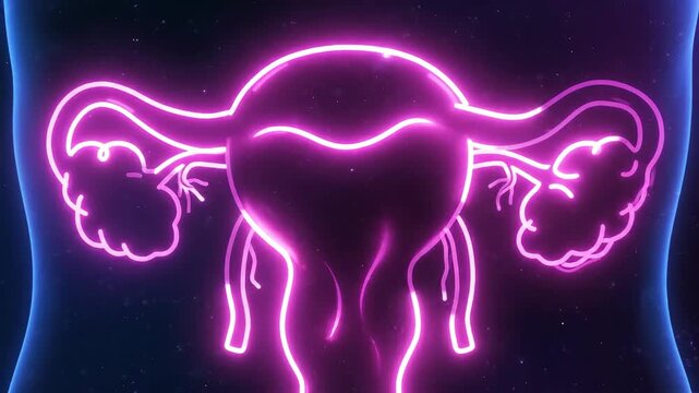 Neon illuminated diagram of female reproductive system against dark background