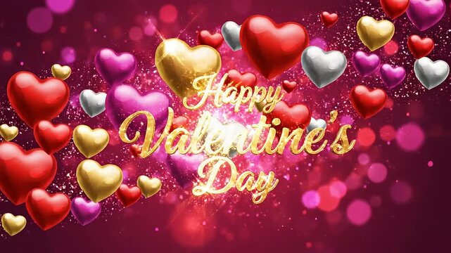 Colorful Valentine&rsquo;s Day Card Design with Floating Hearts and Bright Pink and Red Bokeh Background.