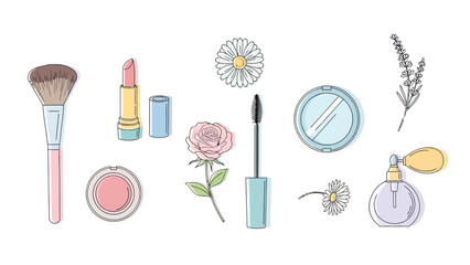 Various makeup and botanical illustrations on a white background