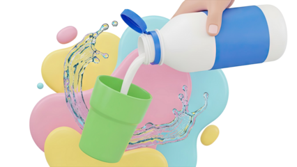 Milk Pouring into Cup with Colorful Splashes