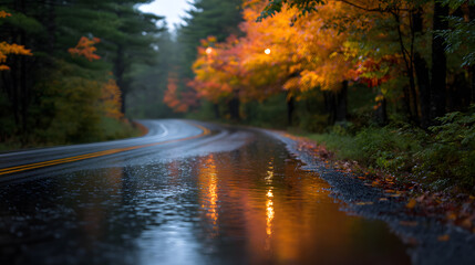 Autumn Road Reflections: An empty road reflects the vibrant, colorful canopy of autumnal foliage after a gentle rain, the asphalt glistening with mirrored light, evoking a sense of calm and solitude.