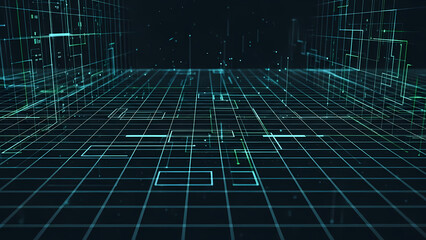 Abstract blue digital background with glowing binary code and futuristic technology patterns