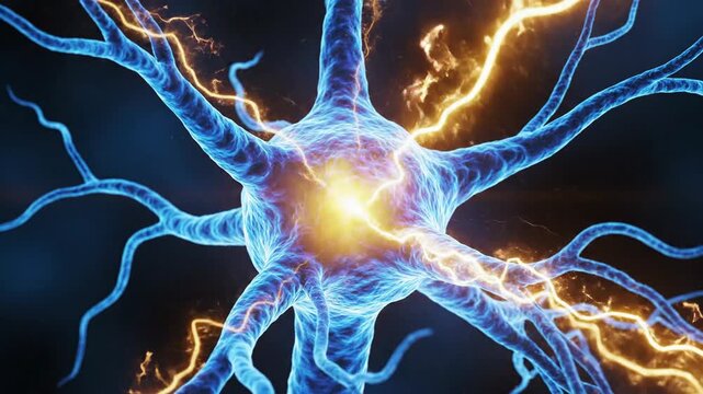 Neuron cell activity illustration with electrical impulses and connections