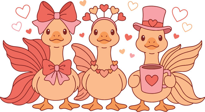 Cute Kawaii Valentine Goose Vector Illustration with Hearts, Bows, Crown Headband and Coffee Mug in Soft Pastel Colors