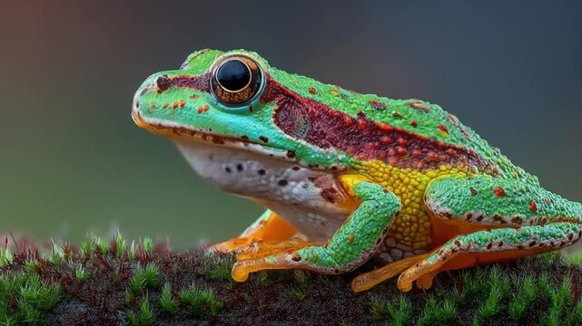 Vibrant frog with striking colors perched on mossy surface