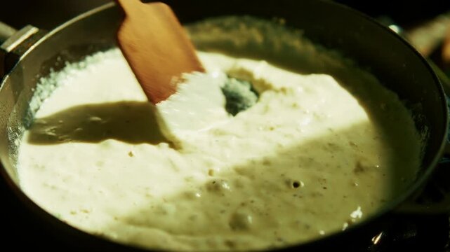 Cooking  Culinary Preparation Sauce Bechamel  For Italian Pasta Dish. Delicious Food Prep