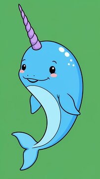 Cute Narwhal Cartoon Animation Footage Green Background