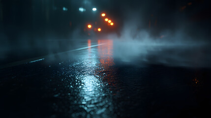 Foggy Night Road: The city at night becomes shrouded in mystery, with an ethereal fog blanketing the wet asphalt, reflecting the soft glow of distant streetlights.