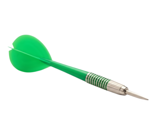 Green darts with smooth plastic fins, textured slim shafts, and sharp metal tips, representing accuracy, focus, and competitive sports isolated on white or transparent background. PNG format.