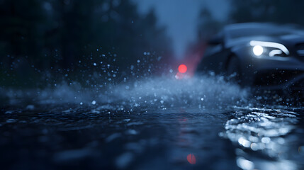 Dynamic Drive in Rainfall: A sleek car navigates a rain-soaked road, splashing through puddles. A scene of motion, featuring a car in action amid a downpour. 