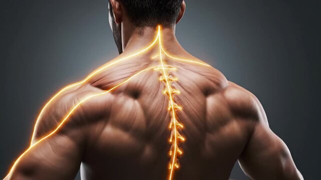 Muscular back and shoulders of a bodybuilder with glowing lines
