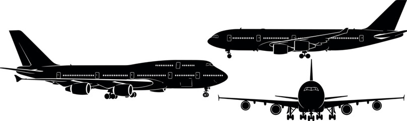 Fototapeta premium Black Silhouette Illustration of Commercial Jet Airplanes and Passenger Airliners Isolated on White Background for Aviation Design and Travel Concepts