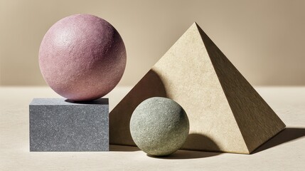 Geometric Still Life with Sparkly Pink Sphere on Granite Cube Beside Sand Pyramid and Olive Sphere on Tan Surface