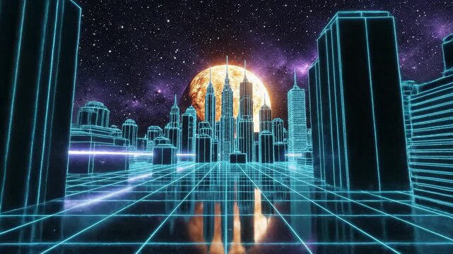 Cityscape grid with rising moon and futuristic wireframe style