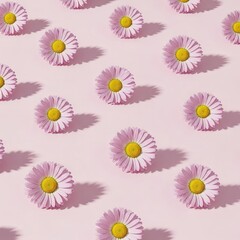 Obraz premium Pink Daisy Flowers Pattern on Pastel Pink Background, Floral Design