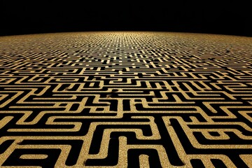 Golden Glittering Maze on Black Background Perspective View Endless Pattern Challenge Concept Solution Finding Puzzle Complexity Mystery