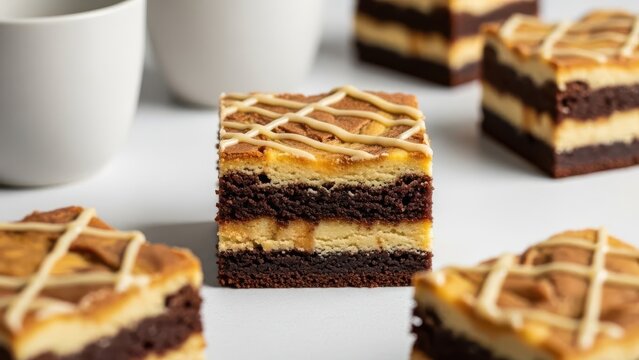 Closeup of a single layered cheesecake brownie square with a drizzle pattern, surrounded by other pieces on a white surface