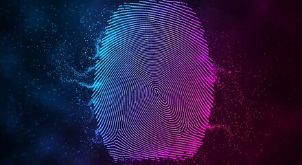 Digital biometric identification symbol glows with neon gradient lighting against a dark background