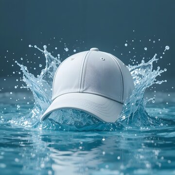 A pristine white baseball cap making a dynamic splash in crystal clear blue water. basball cap